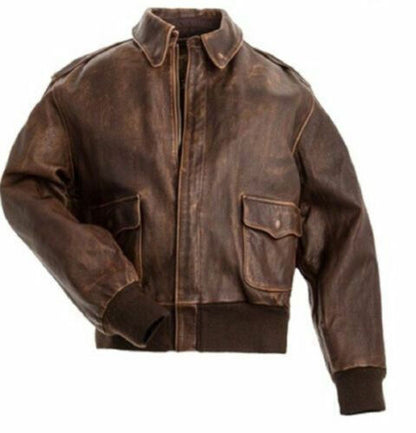 Men's Aviator Navy G-1 Flight Jacket Distressed Brown Leather Bomber Real Jacket