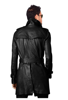 MEN'S STYLISH BELTED BLACK LONG COAT, LEATHER TRENCH COAT, PEA COAT-BNWT