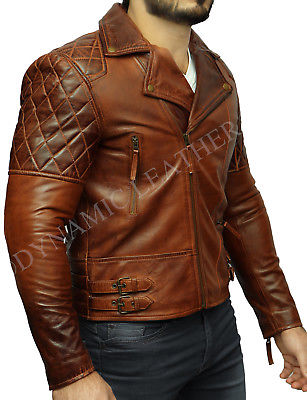 Mens Biker Classic Diamond Motorcycle Brown Distressed Vintage Leather Jacket