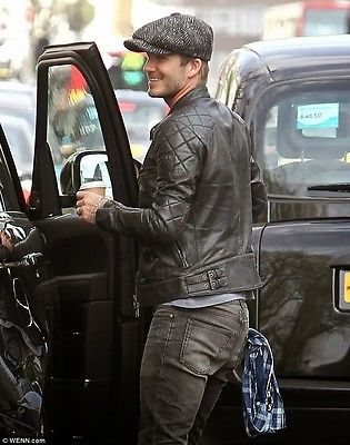 David Beckham – Schwarze Motorrad-Bikerjacke aus echtem Leder in Slim Fit