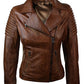 Woman Slim Fit Brown Genuine Real Leather Biker Jacket