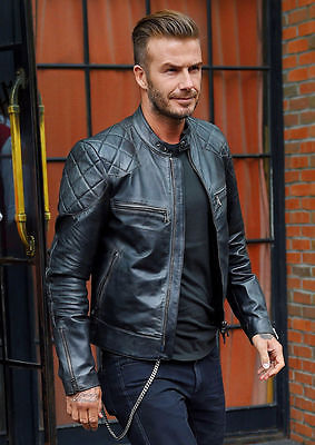 David Beckham – Schwarze Motorrad-Bikerjacke aus echtem Leder in Slim Fit