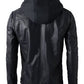 Men's Brando Double Zip Slim Fit Genuine Leather Jacket with Detachable Hood