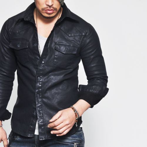 Men's Hot Real Sheep Black Leather Casual Dress Gay Shirt Full Sleeve