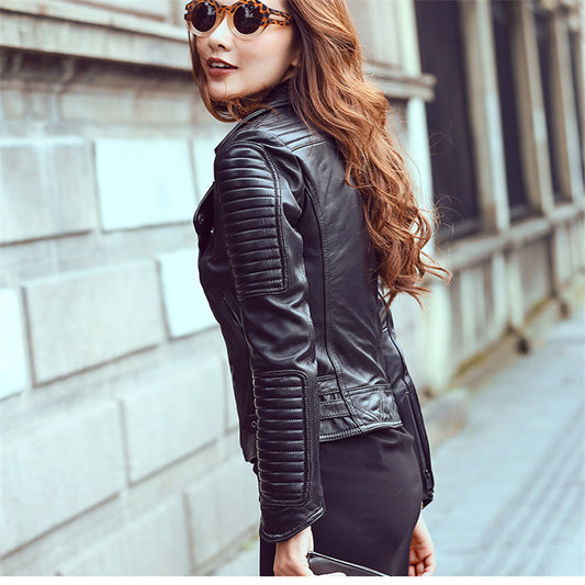 New Women's Crossfit Brando Black Ripple Arms Moto Real Leather Jacket