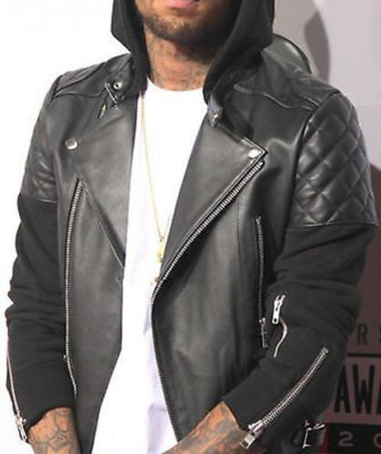 New Stylish Chris Brown Bomber Black Leather Biker Jacket Detach Hood