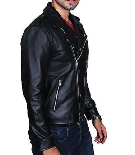 MEN'S SLIM FIT BLACK BIKER  REAL LEATHER JACKET-BNWT