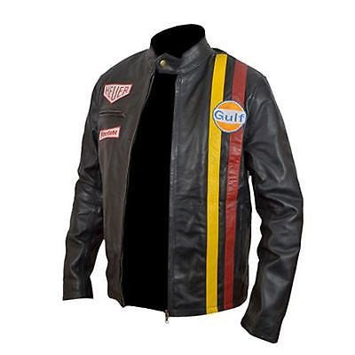 Steve McQueen Le Mans Driver Grandprix Gulf Black Real LeatherJacket - ALL SIZES