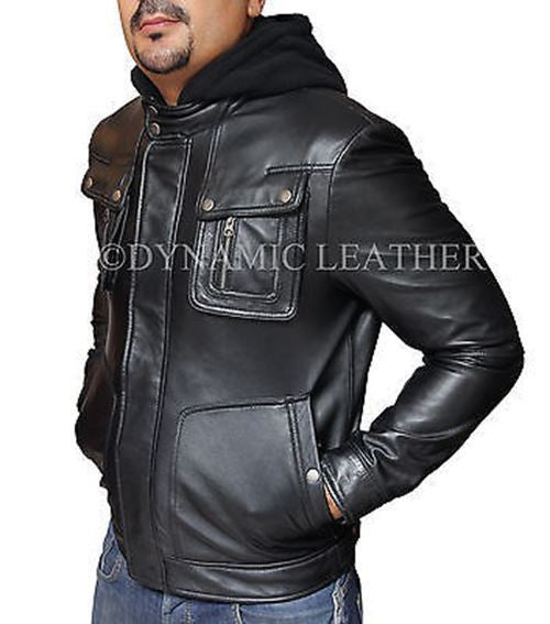New Men's Motorcycle Brando Style Biker Real Leather Hoodie Jacket - Detach Hood