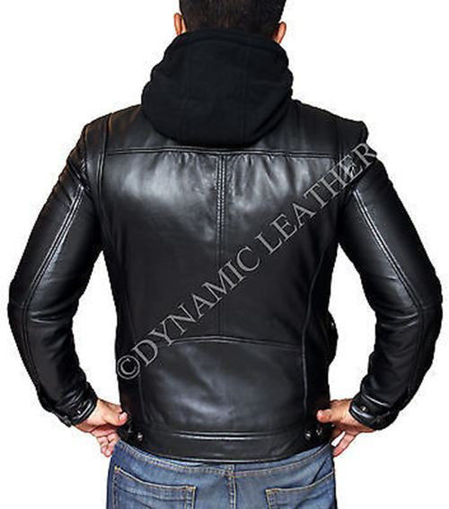 New Men's Motorcycle Brando Style Biker Real Leather Hoodie Jacket - Detach Hood