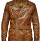 Men's Brown 3/4 Motorcycle Biker Long Cow Hide Leather Jacket