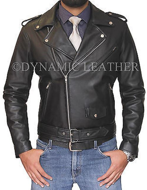 Mens Slim Fit Belted Rider Vintage Real Sheep Skin Leather Jacket Black BNWT