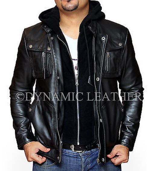 New Men's Motorcycle Brando Style Biker Real Leather Hoodie Jacket - Detach Hood