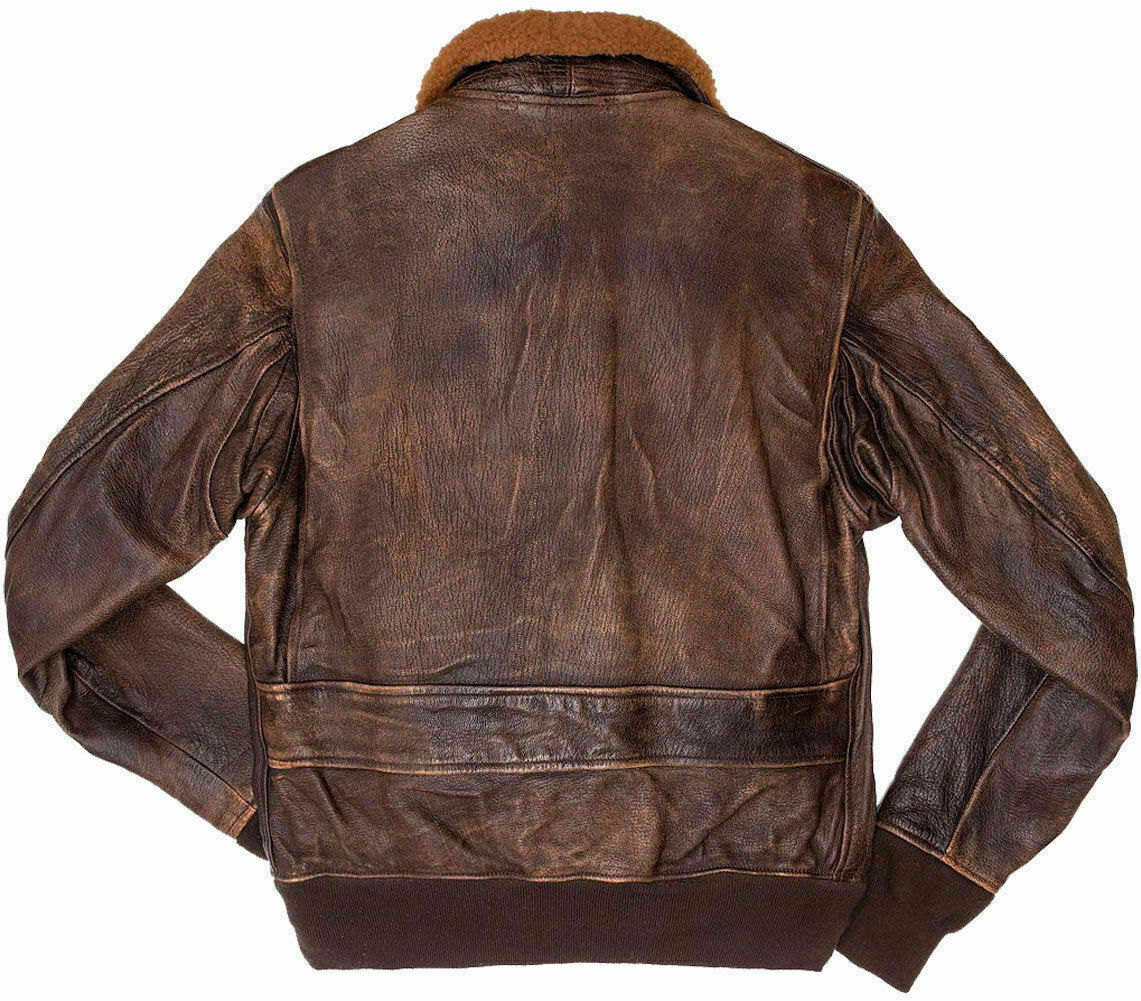 Mens G-1 Navy Leather Bomber Fur Collar Distress Brown Real Leather Jacket (576-A)