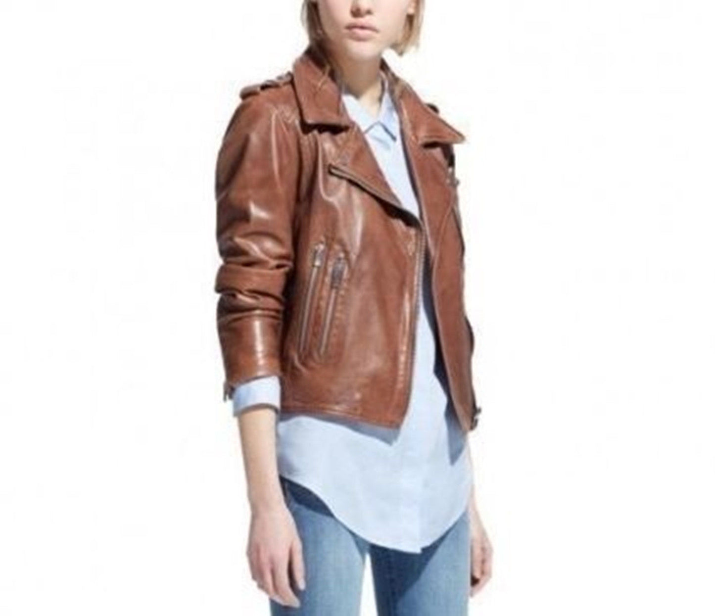 Women's Genuine Leather Motorcycle Slim Fit Brown Biker Jacket