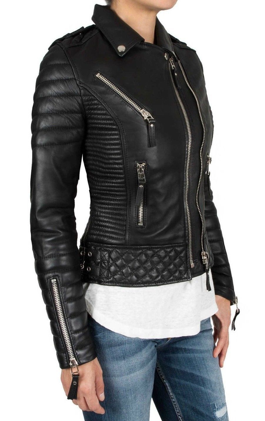 Black Women's Slim Fit Stylish Diamond Quilted Kay Michaels Moto Real Leather Jacket