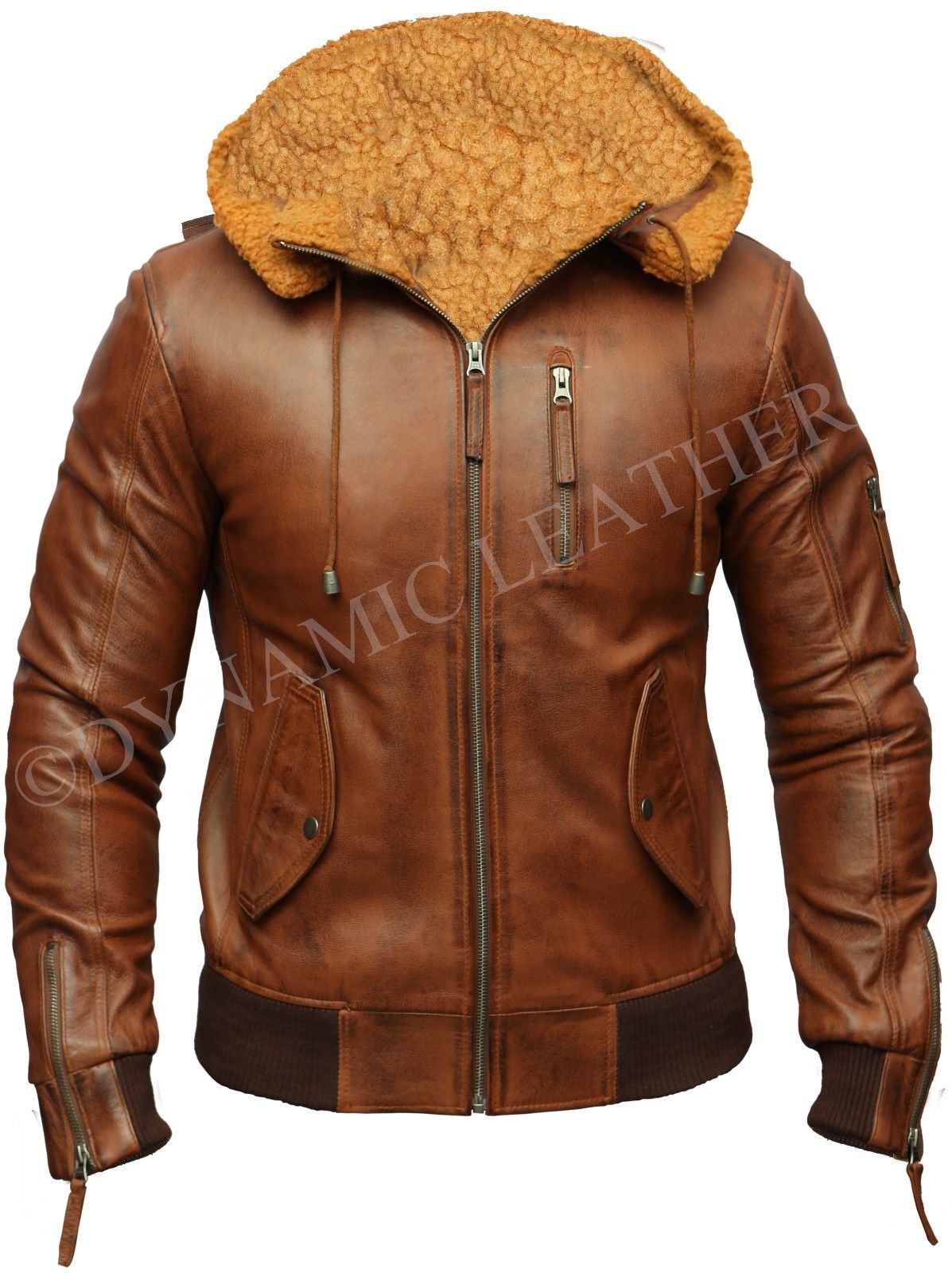 Herren Biker Retro Braun Abnehmbare Kapuze Pelz Echtleder Bomber Motorradjacke
