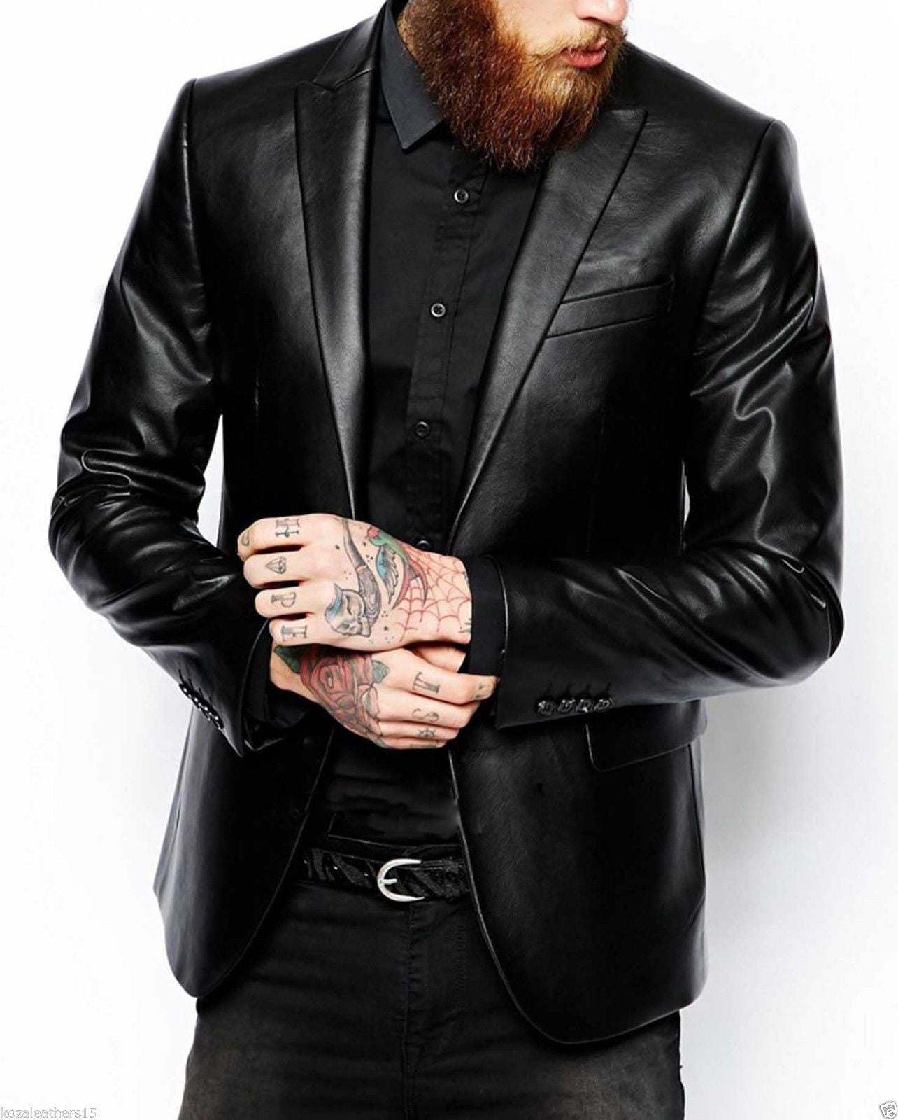 Men's Genuine Lambskin Real Leather Blazer Jacket Two Button Slim Fit Coat