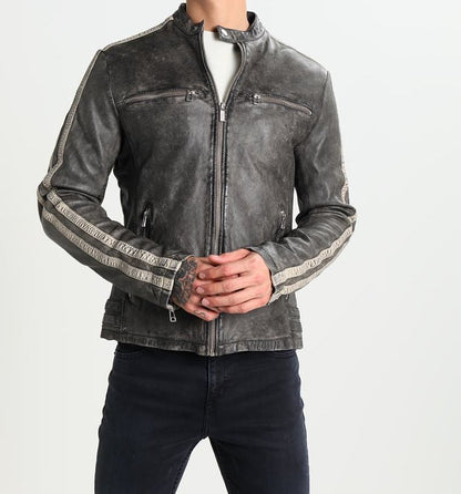 Mens Biker Distressed Waxed Vintage Black Real Leather Jacket