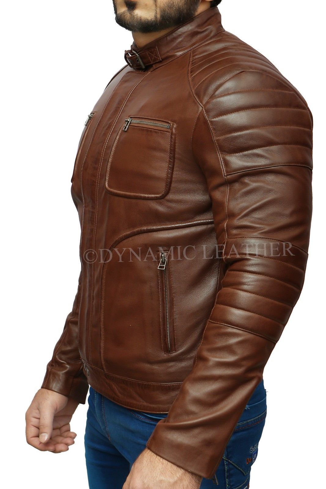 Mens Biker Motorcycle Vintage Brown Pocket Cafe Racer Soft Real Leather Jacket