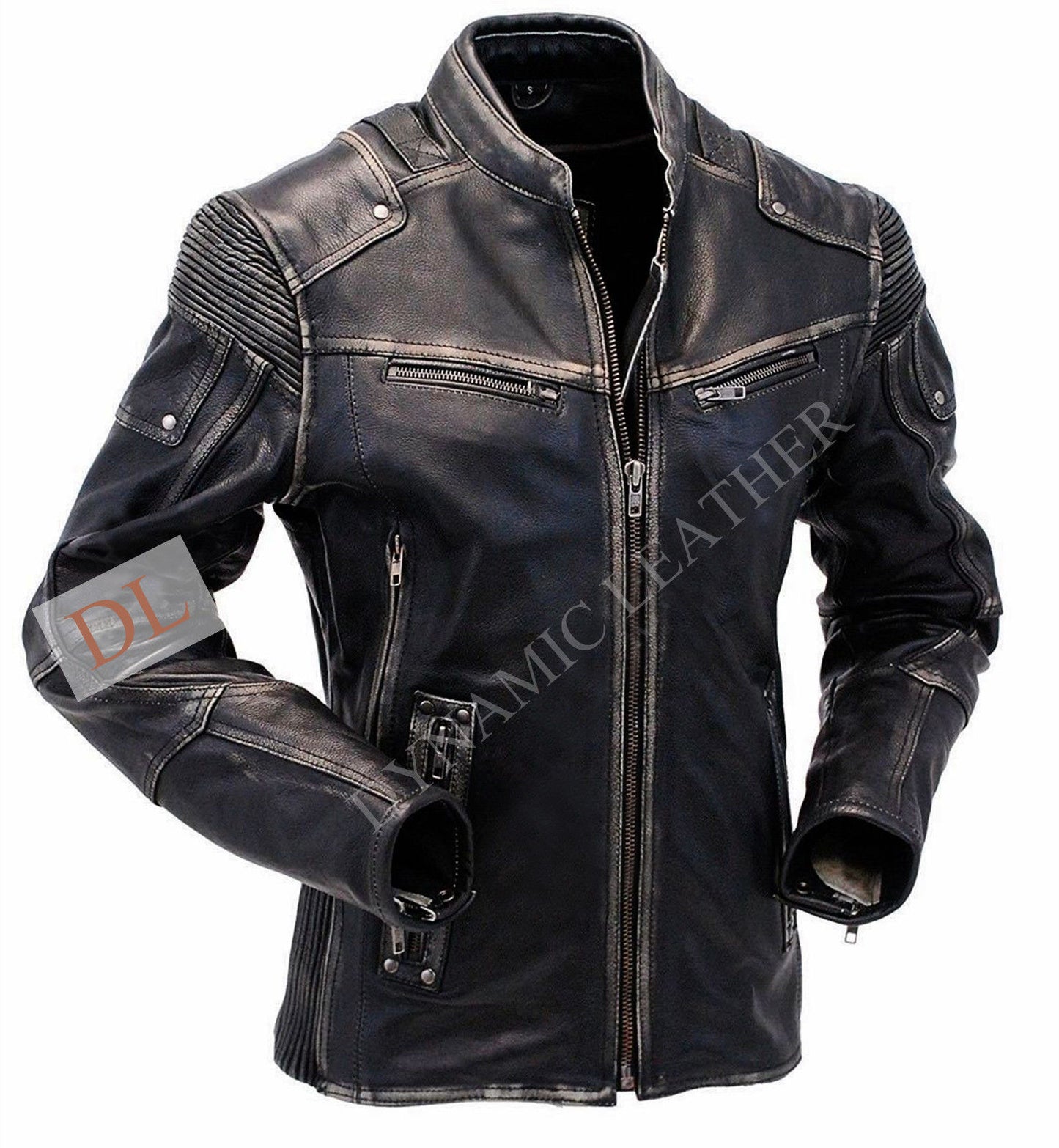 Men's Vintage Biker Style Motorcycle Cafe Racer Distressed Leather Jacket