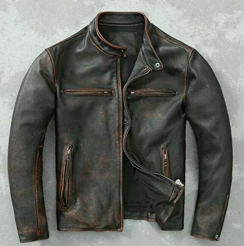 New Men’s Motorcycle Biker Vintage Cafe Racer Distressed Black Real Leather Jacket