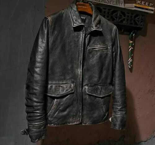 Men’s Handmade Motorcycle Biker Vintage Highway A-2 Aviator Distressed Black Real Leather Jacket
