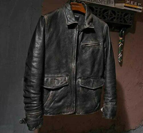 Men’s Handmade Motorcycle Biker Vintage Highway A-2 Aviator Distressed Black Real Leather Jacket