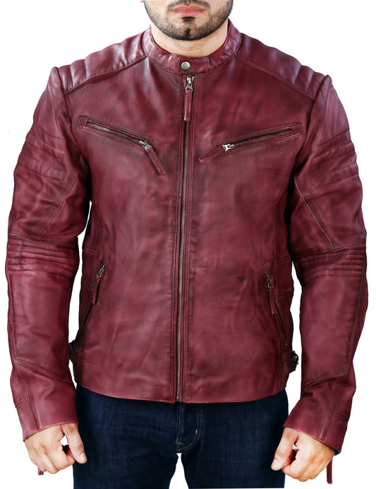 Men's Elite Herran Biker Motorcycle  Distressed Maroon Leather Jacket