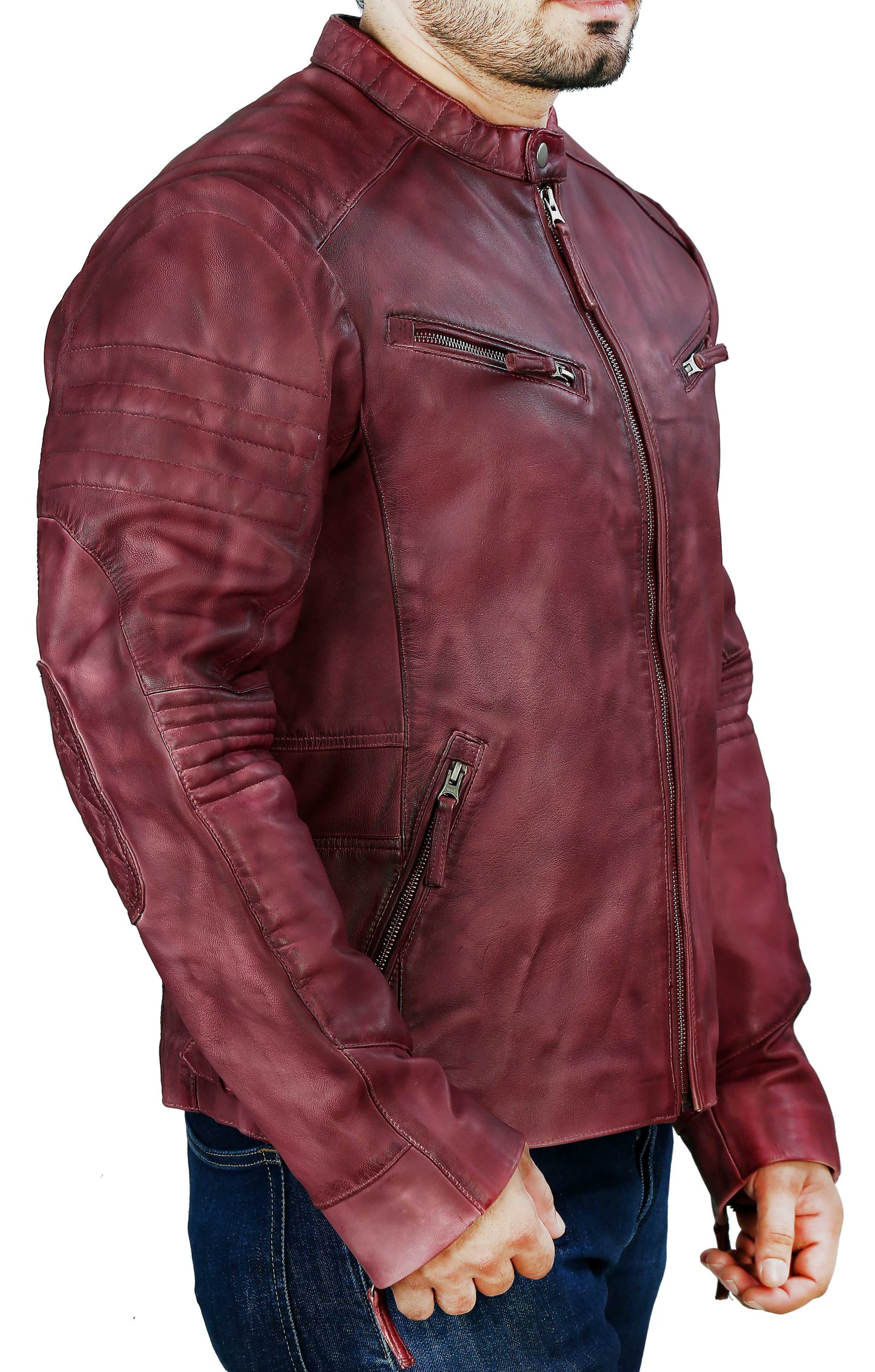 Men's Elite Herran Biker Motorcycle  Distressed Maroon Leather Jacket