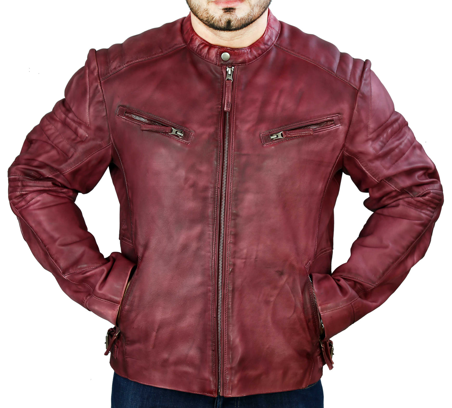 Men's Elite Herran Biker Motorcycle  Distressed Maroon Leather Jacket