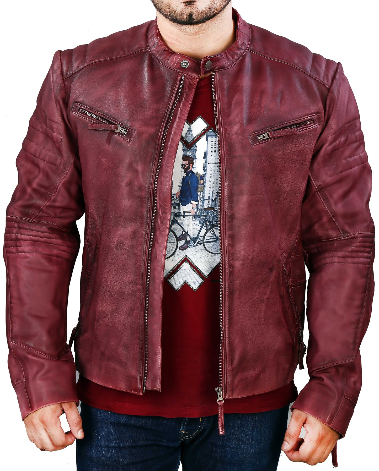 Men's Elite Herran Biker Motorcycle  Distressed Maroon Leather Jacket