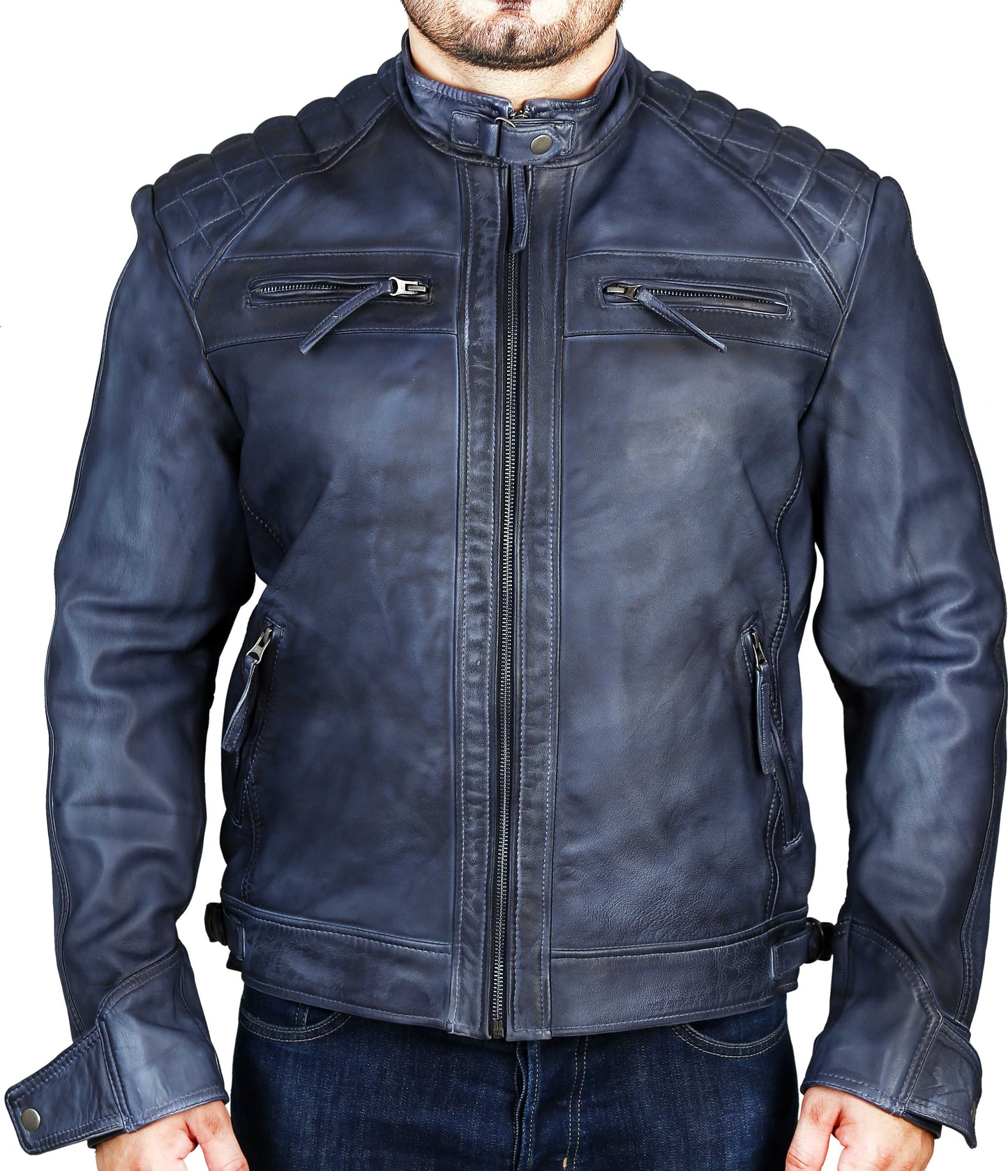 Herren Elite Herran Biker Motorrad Distressed schwarze Lederjacke 