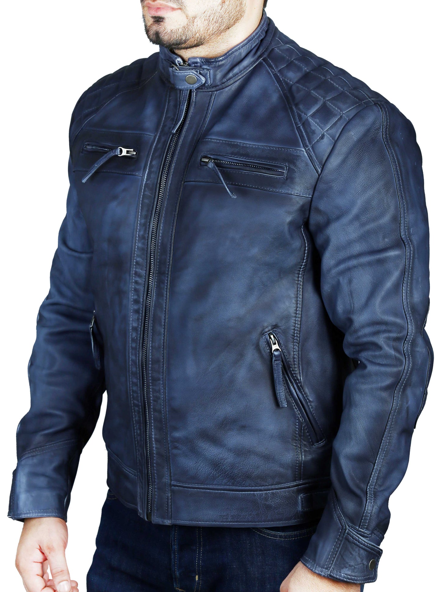 Herren Elite Herran Biker Motorrad Distressed schwarze Lederjacke 