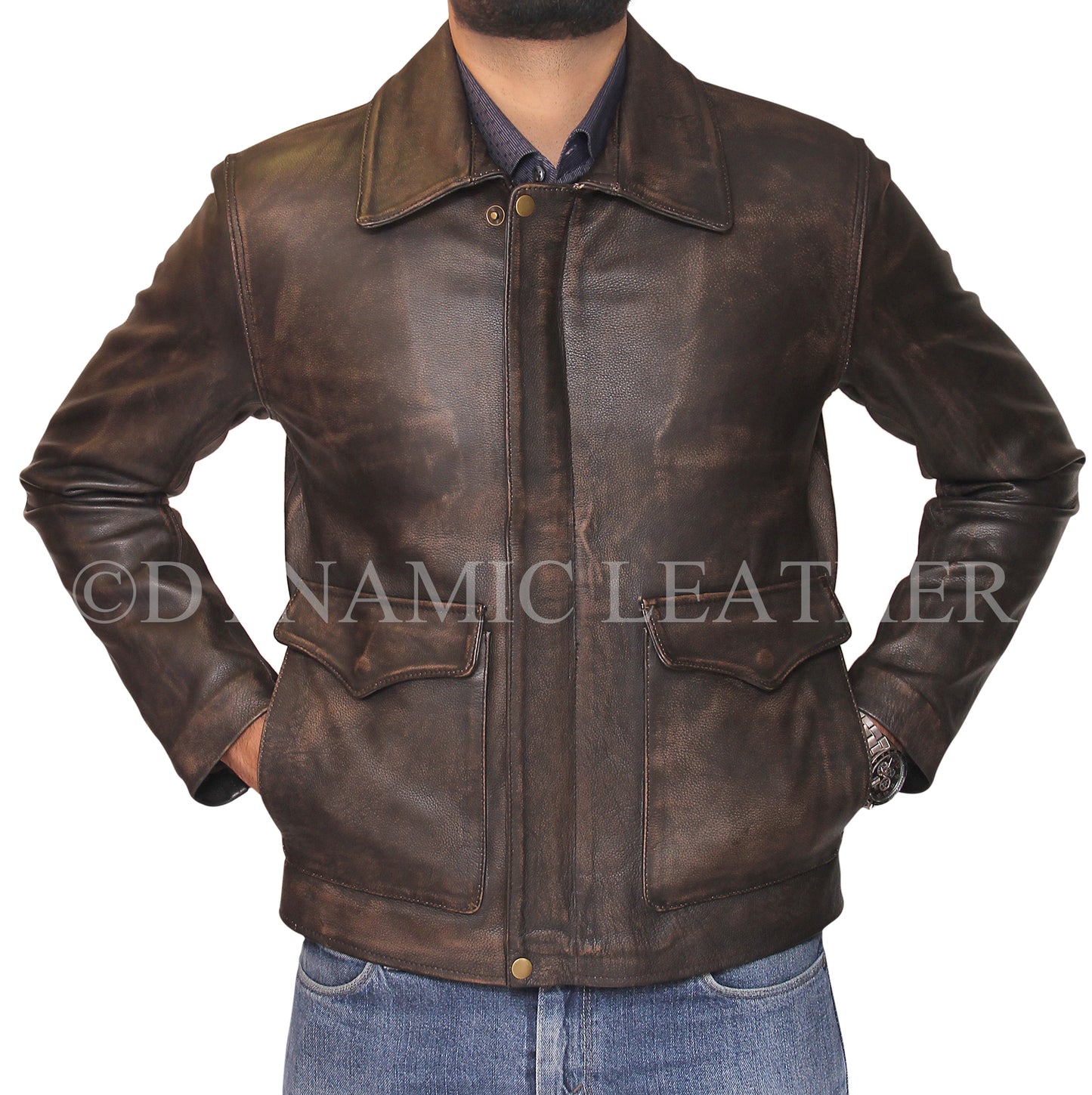Indiana Jones - Jacke aus echtem Rindsleder im Used-Look in Braun