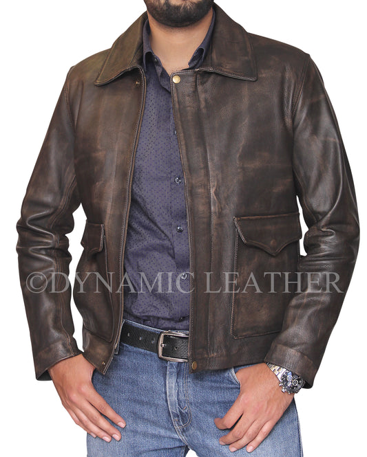 Indiana Jones - Jacke aus echtem Rindsleder im Used-Look in Braun
