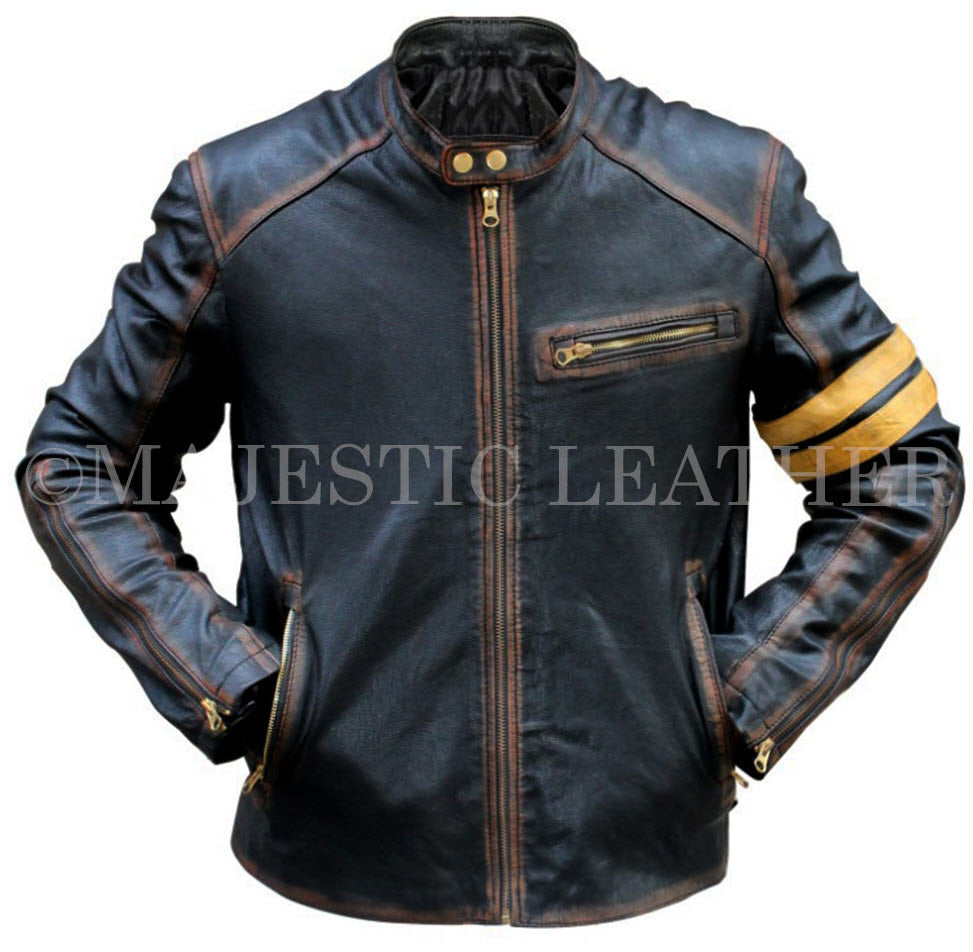 Men's Black Goldie Strips Biker Vintage Distressed Motorcycle Cafe Racer Real Leather Jacket