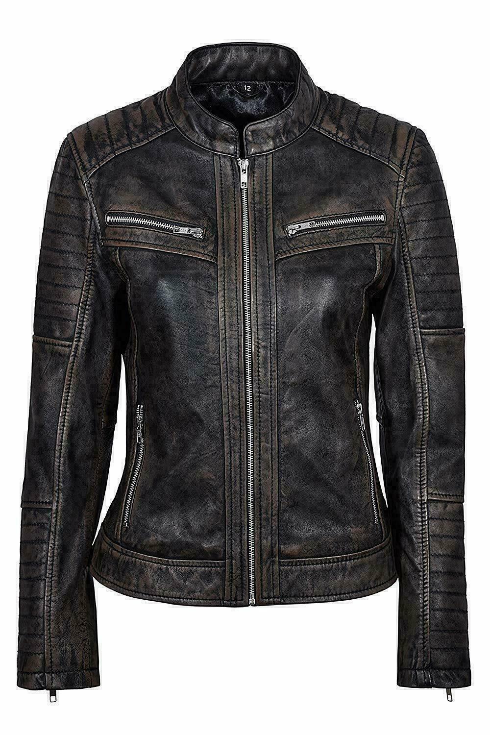 New Women's HM Genuine Lambskin Leather Jacket Black Slim fit Motorcycle Jacket