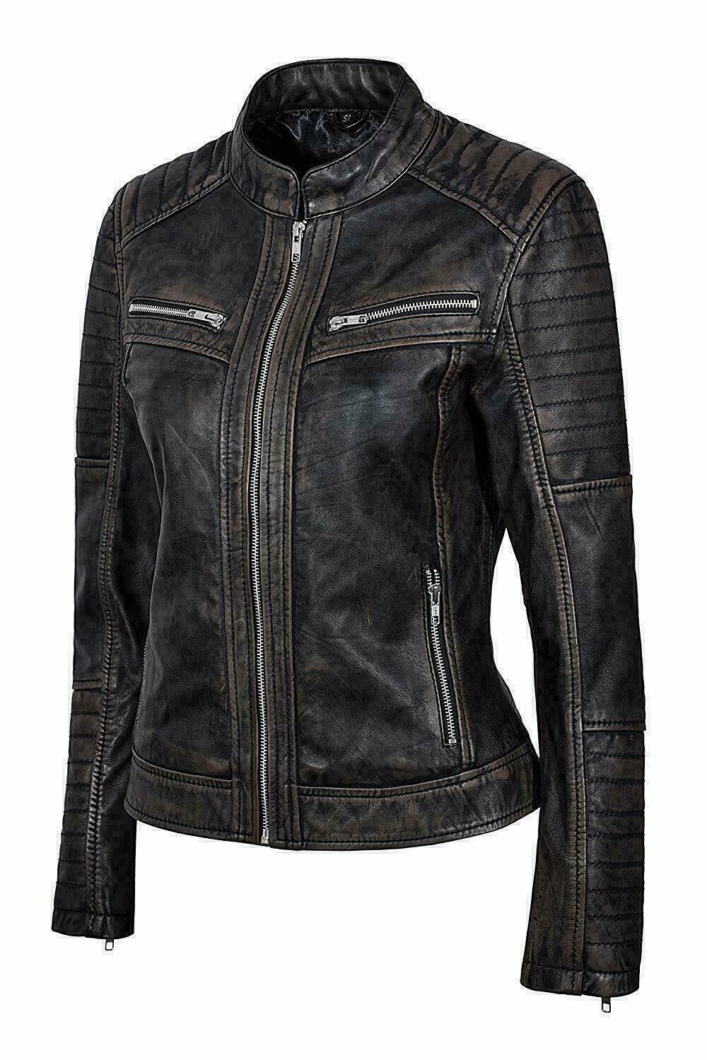 New Women's HM Genuine Lambskin Leather Jacket Black Slim fit Motorcycle Jacket