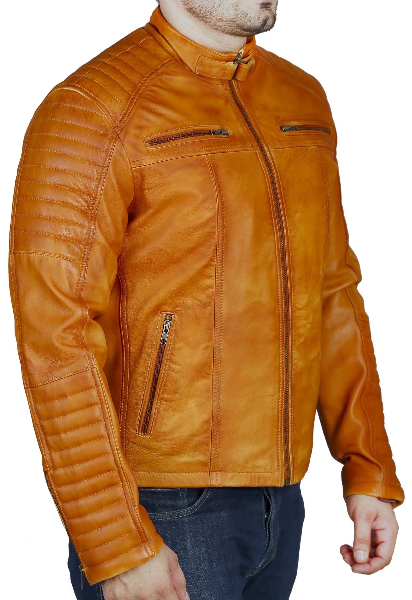 Men's Elite Herran Biker Motorcycle Distressed Golden Brown Leather Jacket