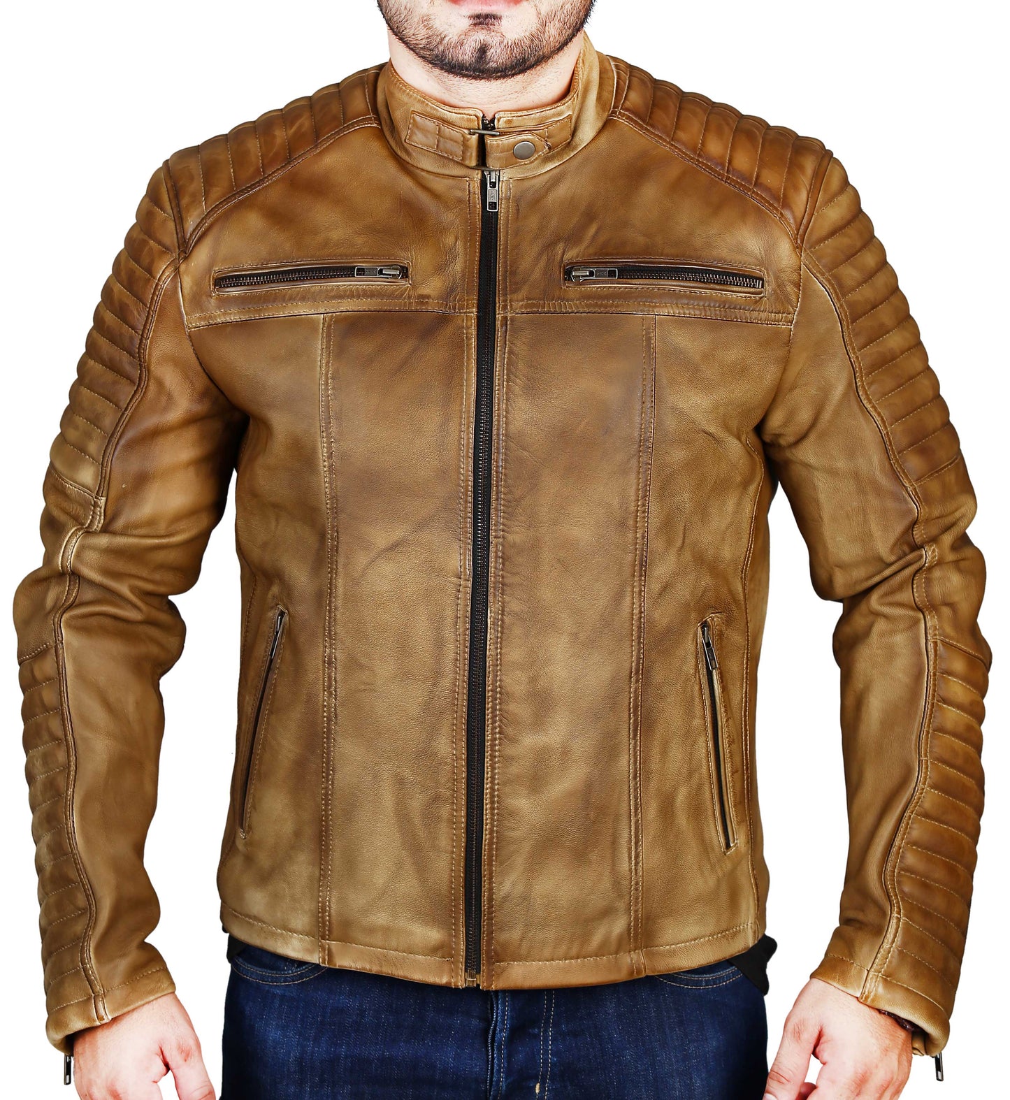 Men's Elite Herran Biker Motorcycle Distressed Tobaccos Leather Jacket