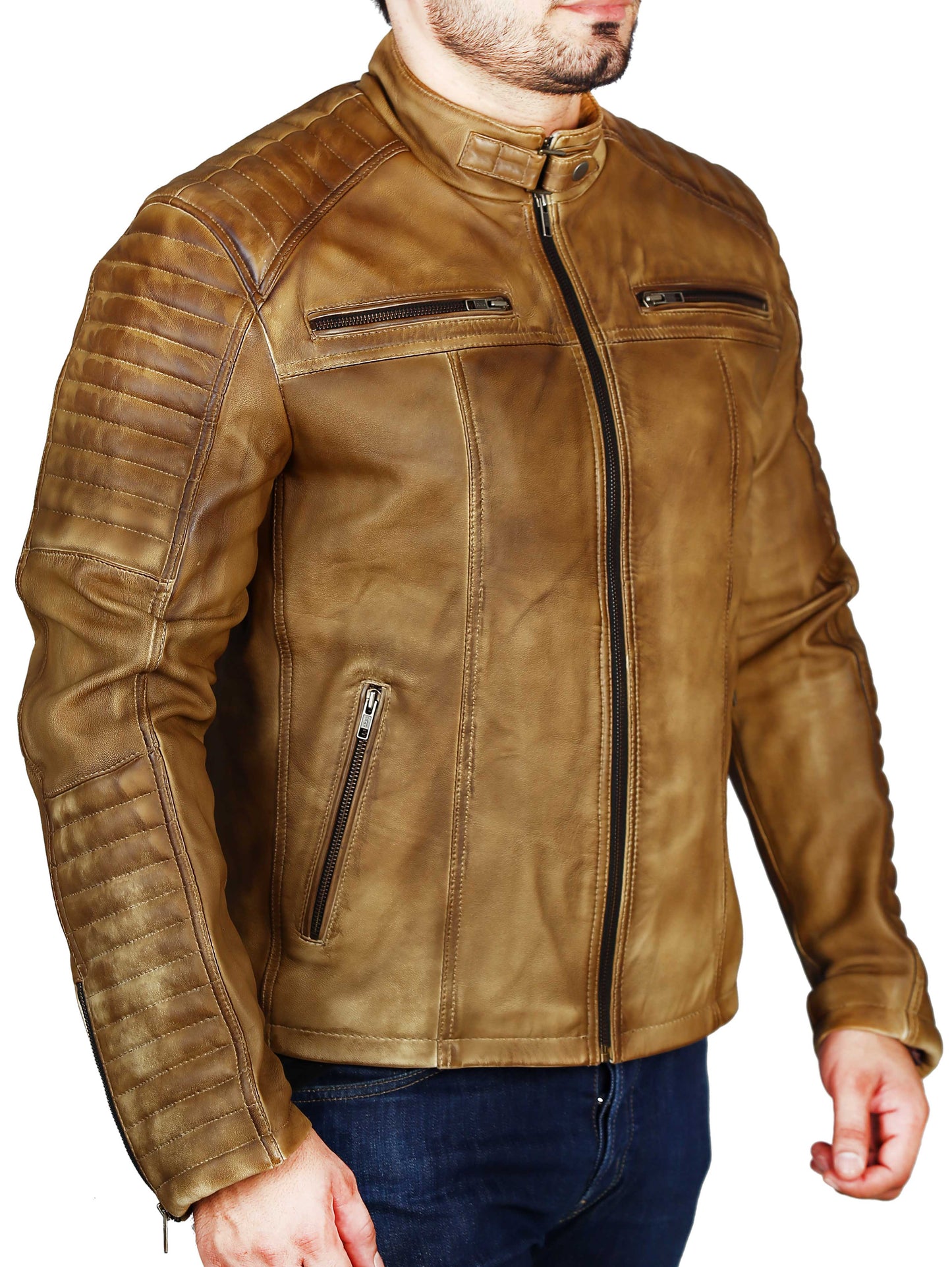 Men's Elite Herran Biker Motorcycle Distressed Tobaccos Leather Jacket