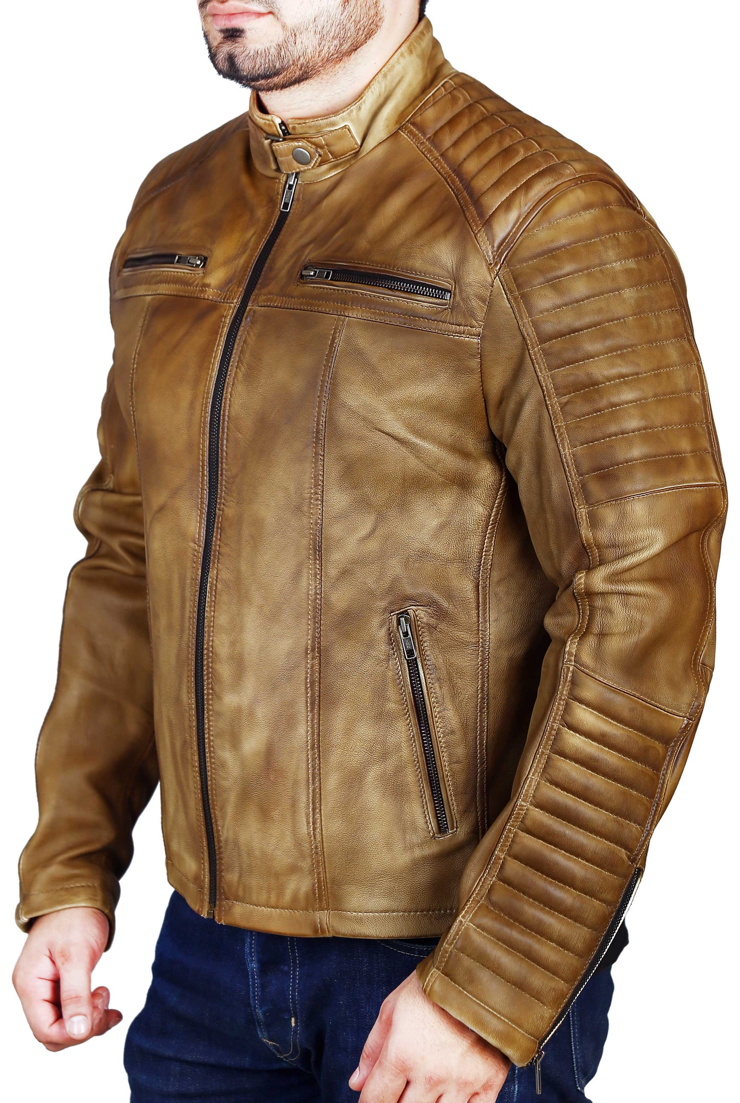 Men's Elite Herran Biker Motorcycle Distressed Tobaccos Leather Jacket