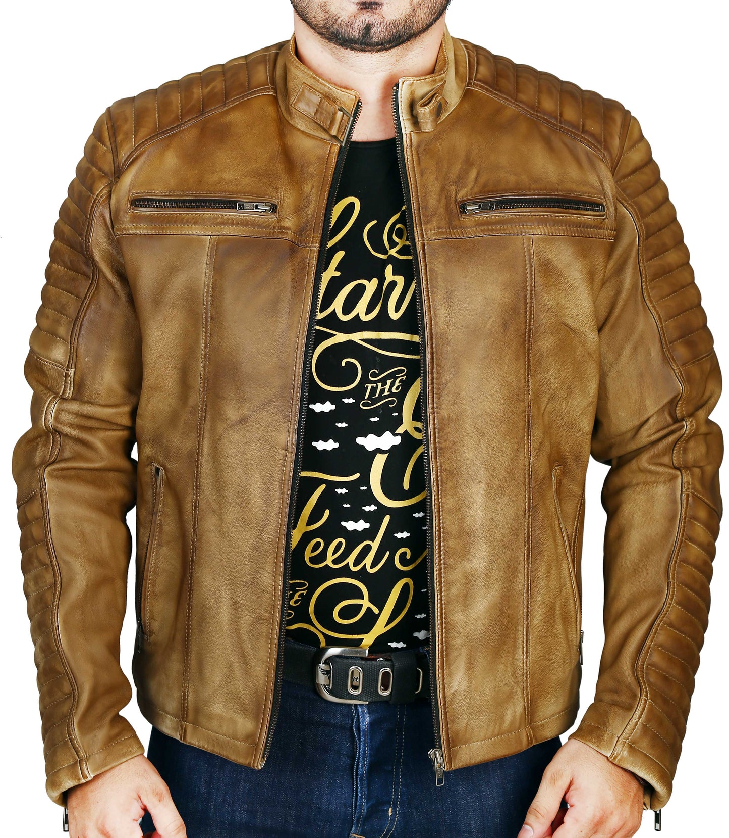 Men's Elite Herran Biker Motorcycle Distressed Tobaccos Leather Jacket