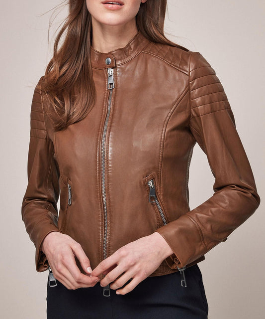 Women's Hugo Cross Roads Stylish Light Brown Quilt Shoulder Moto Real Leather Jacket