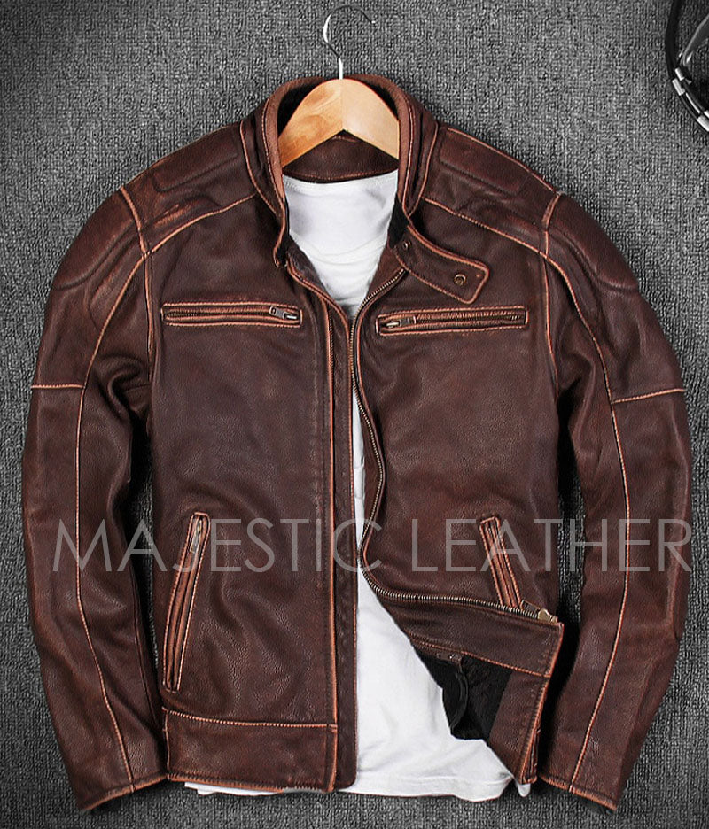 Neue Herren Motorrad Biker Vintage Cafe Racer Distressed Braun Echtlederjacke