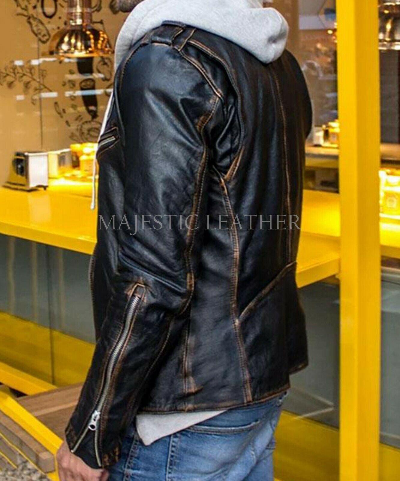 Men's New Milano Vintage Biker Black Racer Golden Seams PD Leather Jacket