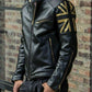 Men's Biker Vintage Black Racer Golden UK Flag Union Jack Leather Jacket