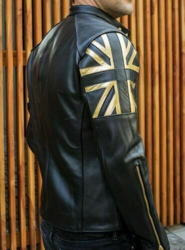 Men's Biker Vintage Black Racer Golden UK Flag Union Jack Leather Jacket