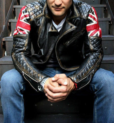 Herren Biker Vintage gesteppt Distressed braun Racer UK Flagge Union Jack Lederjacke